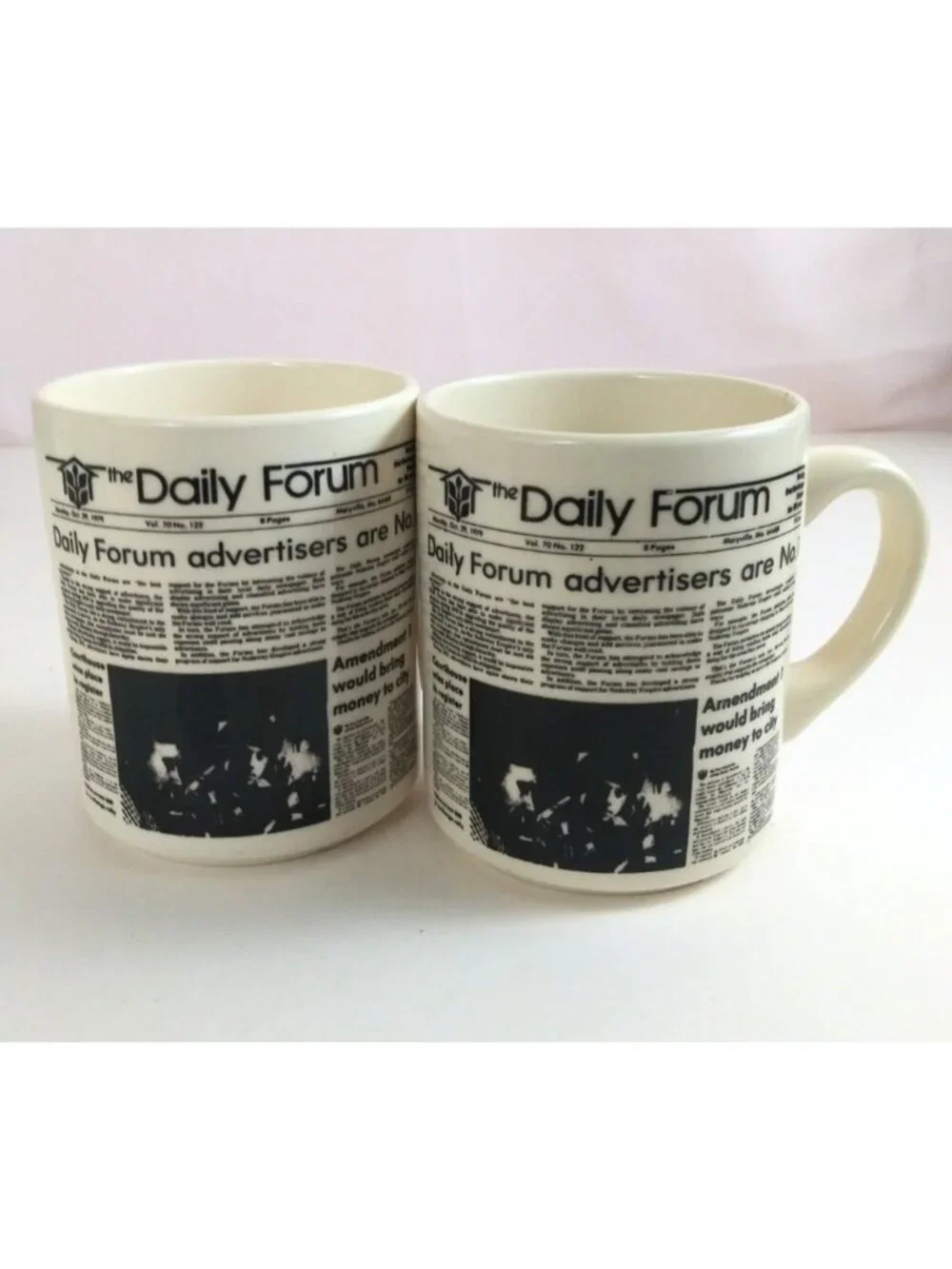 Vintage 1979 Set Of 2 The Daily Forum Maryville News Print Novelty Coffee Cups